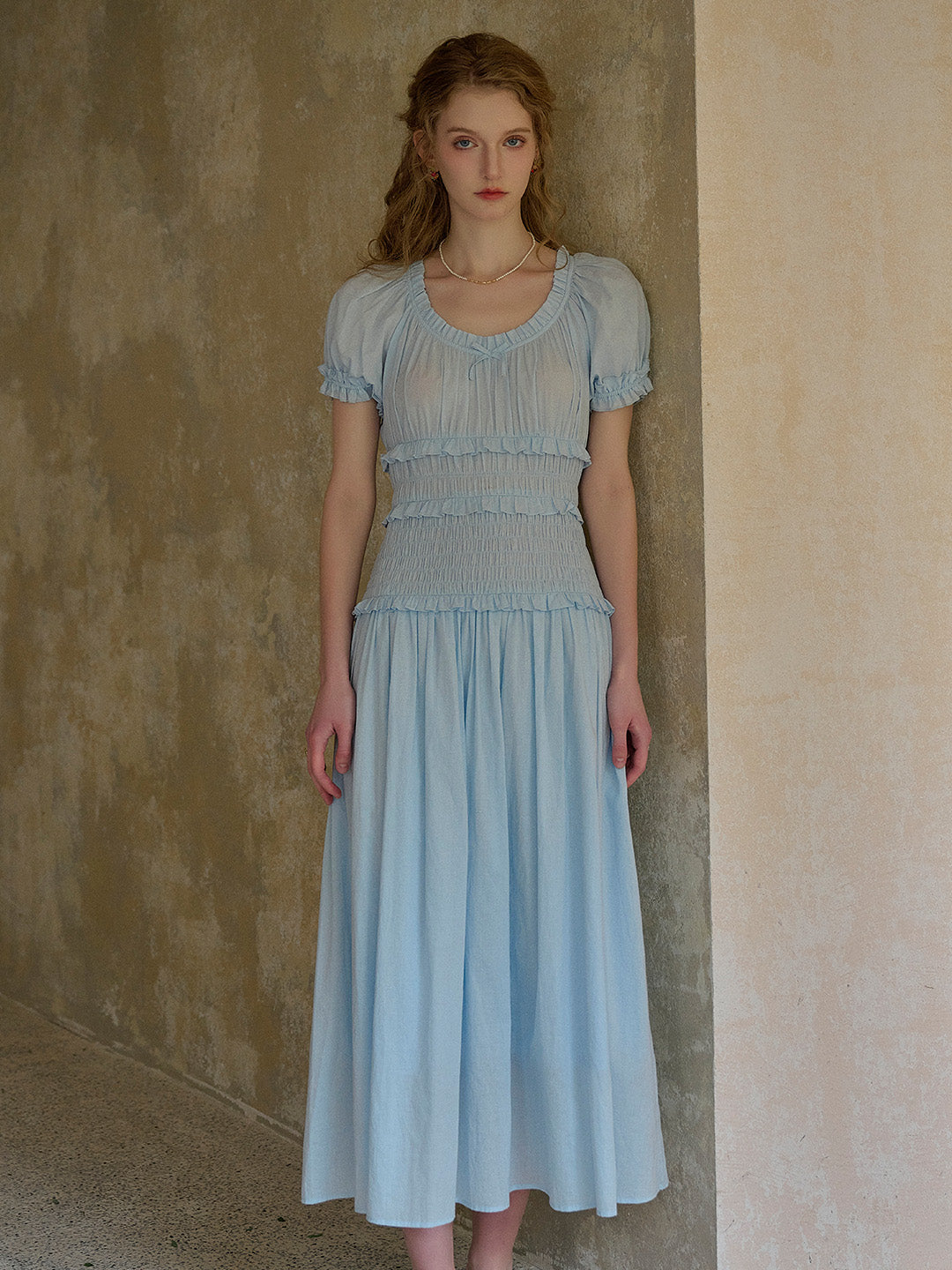 Elowen Round Neck Pleated 100% Cotton Dress - Blue