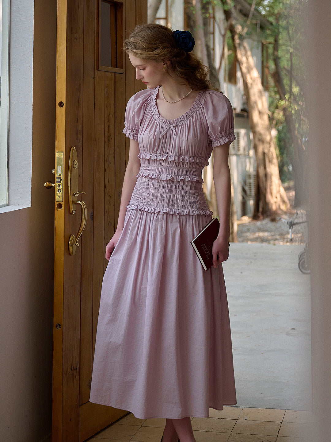 Elowen Round Neck Pleated 100% Cotton Dress - Purple