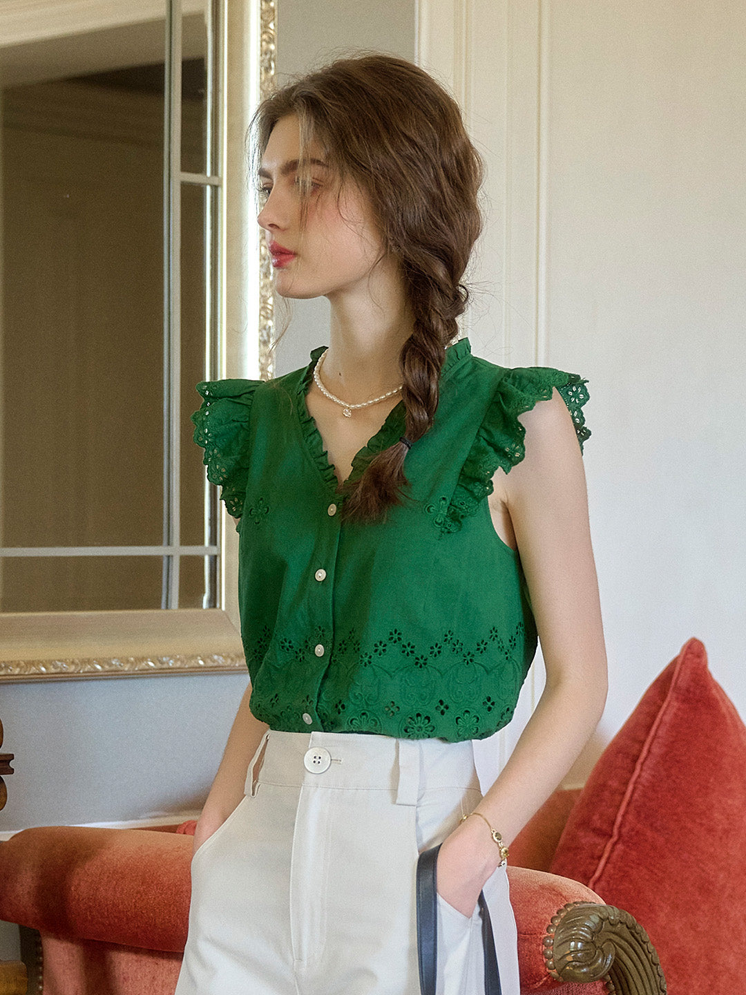 Hannah V-Neck Embroidery Ruffle Sleeve Top