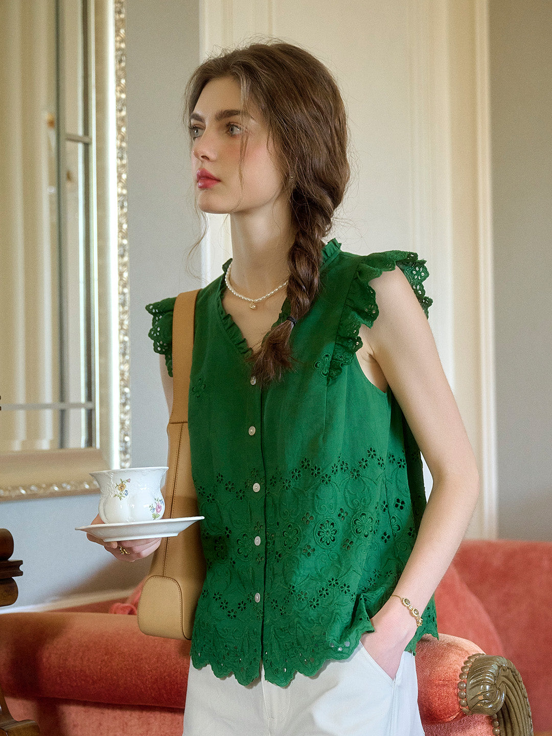 Hannah V-Neck Embroidery Ruffle Sleeve Top