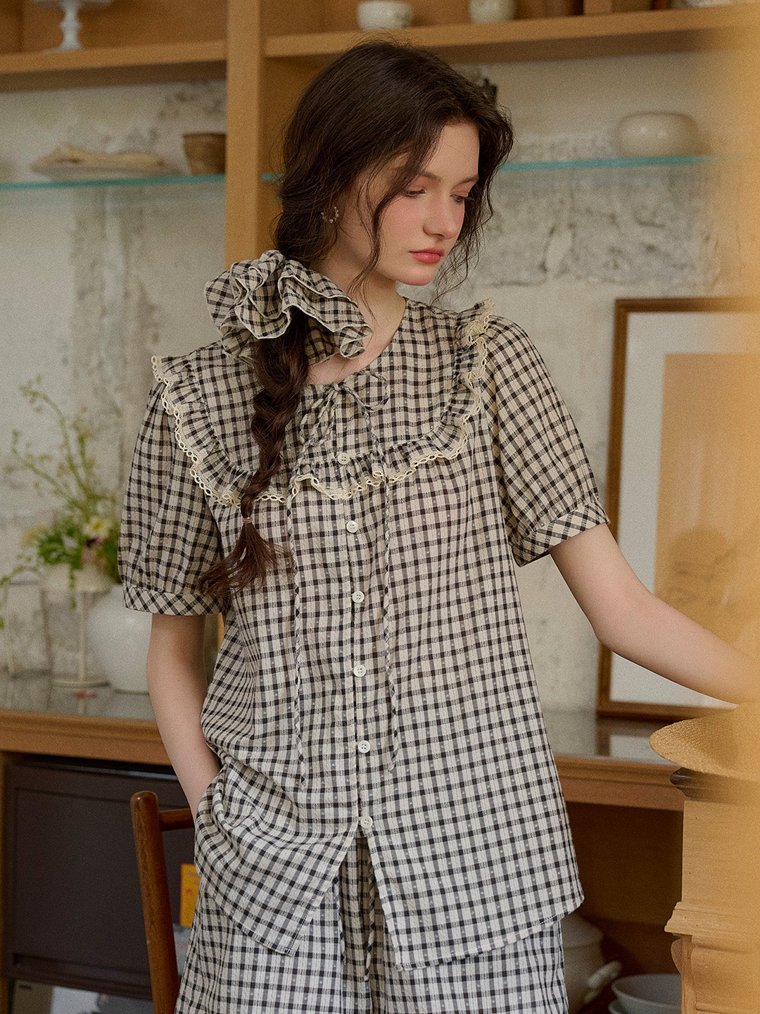Josephine Round Neck Plaid 100% Cotton Blouse