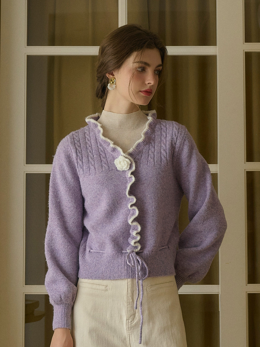 Miller Trimmed Neck Hollow 3D Flower Knitted Cardigan