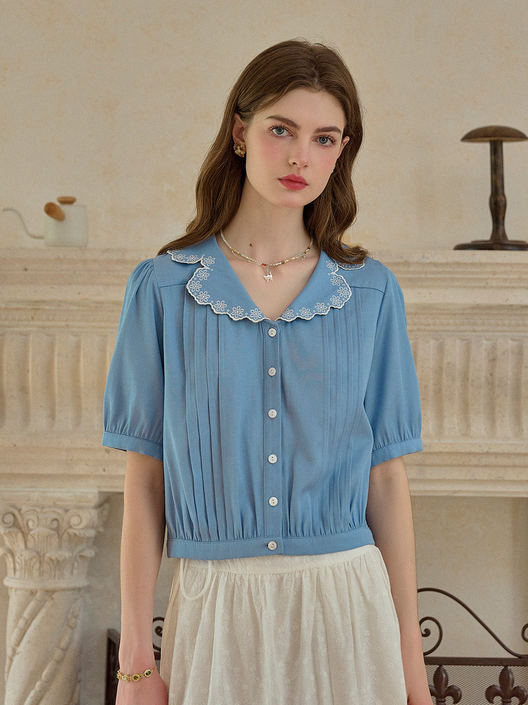 Miriam V-Neck Embroidery Tuck Pleats Blouse