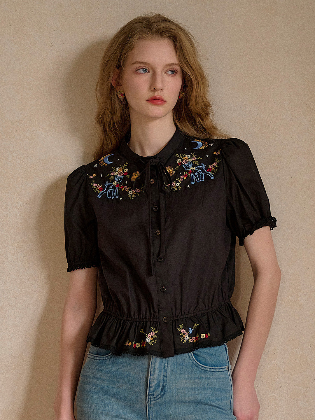 Nova Round Neck Tie Embroidery 100% Cotton Blouse