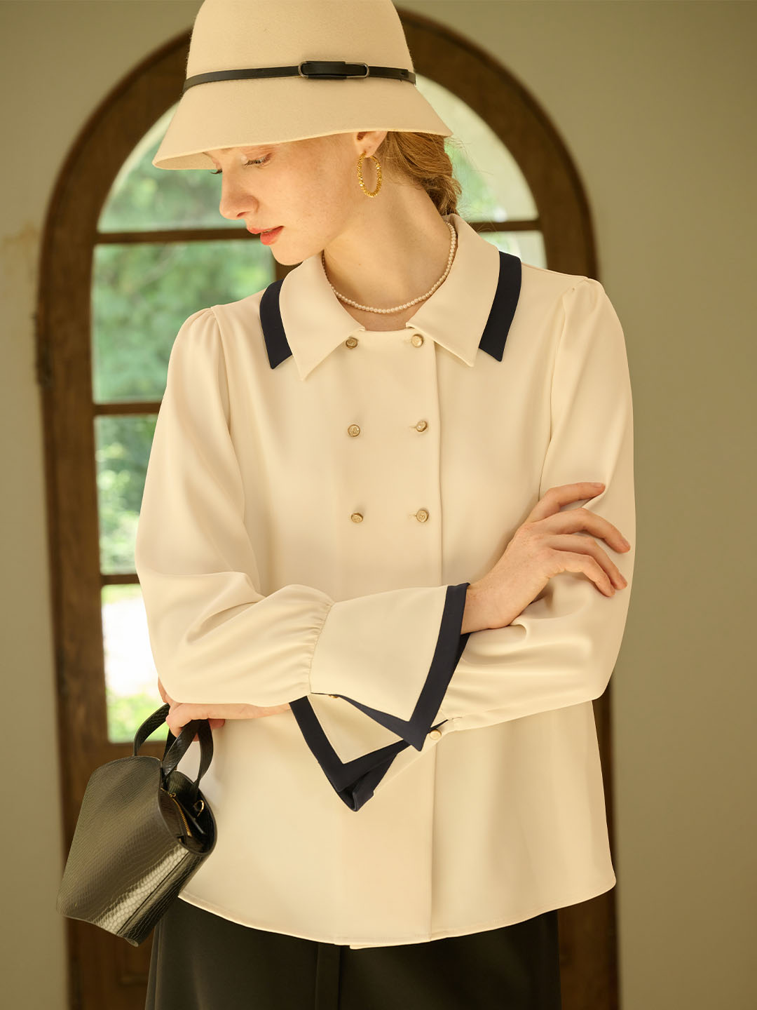 Rebekah Vintage Double Breasted Colorblock Collar Blouse
