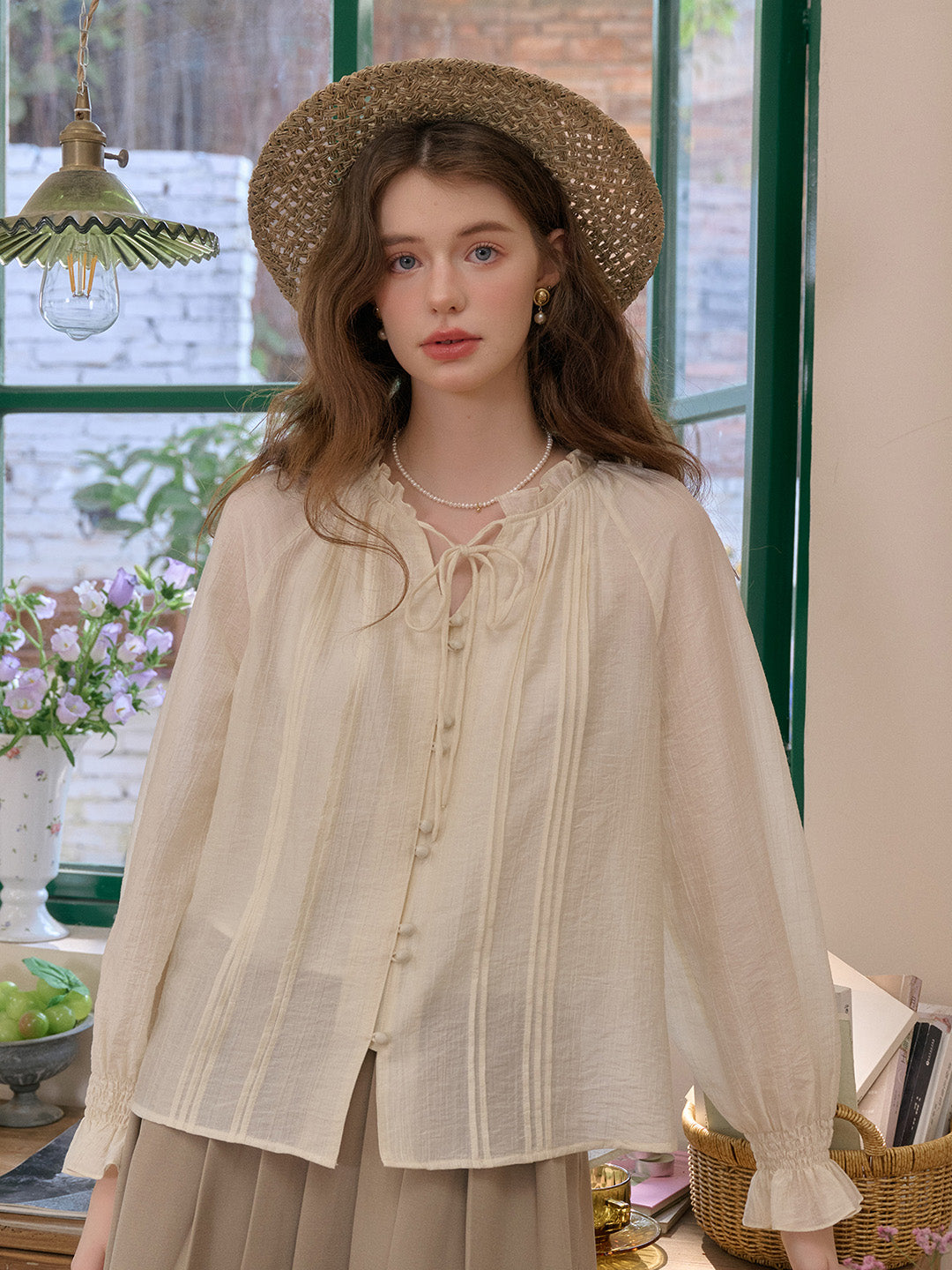 Sana Ruffle Collar Tie Blouse - Blue