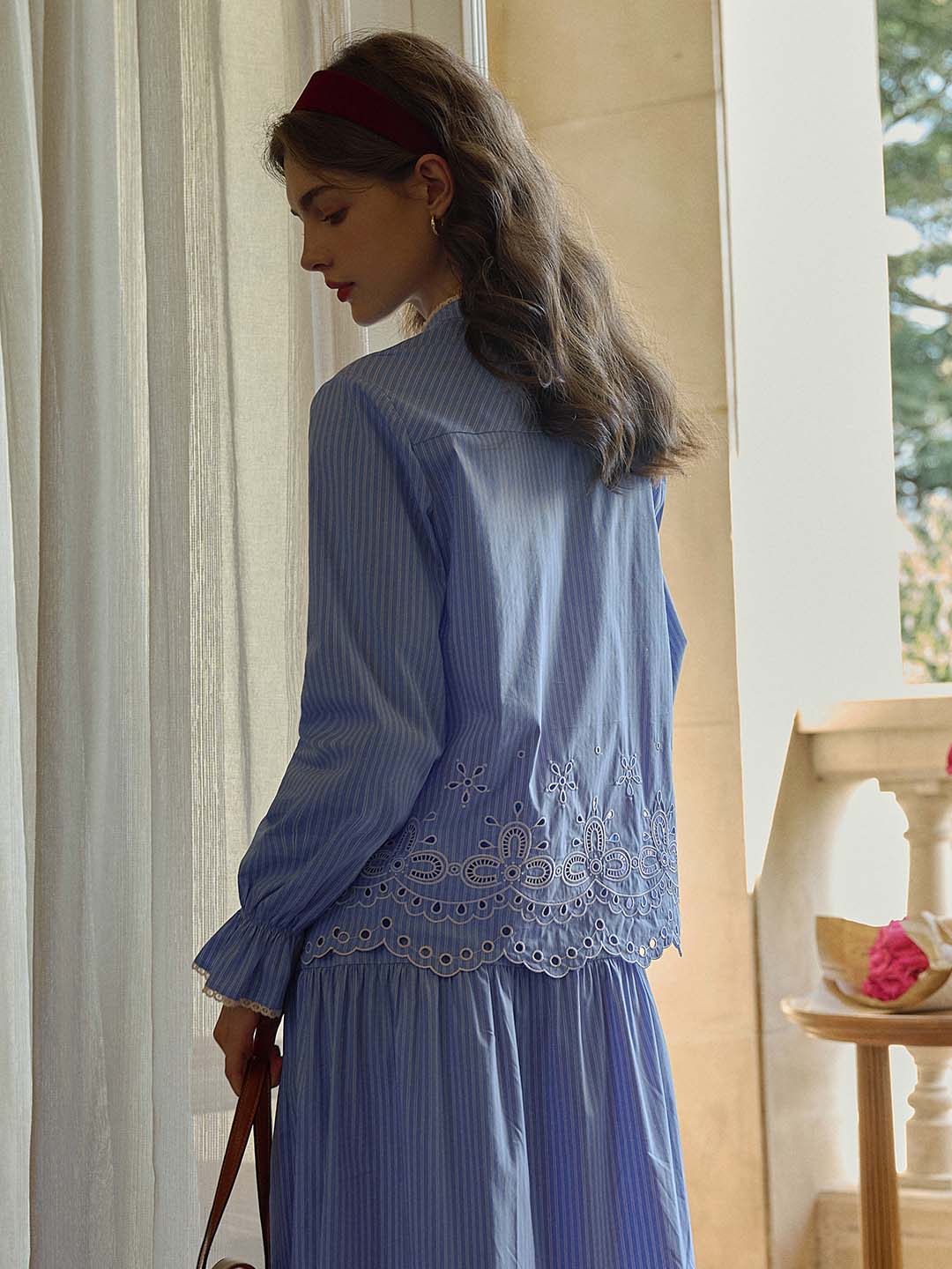 Selena Contrast Lace Mock Neck Hollow Embroidered Blouse