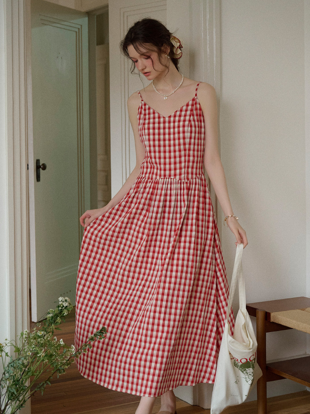 Tinsley Suspender Plaid Dress- Red
