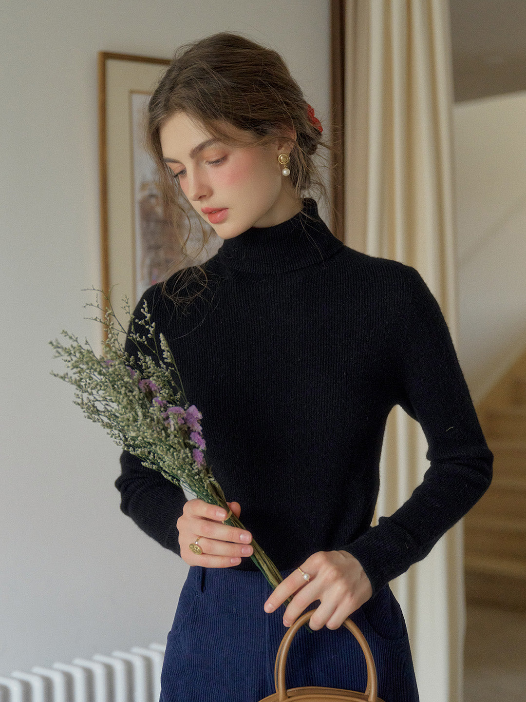 Yasmin Simple Turtleneck Slim Fit Wool& Cashmere Sweater - White
