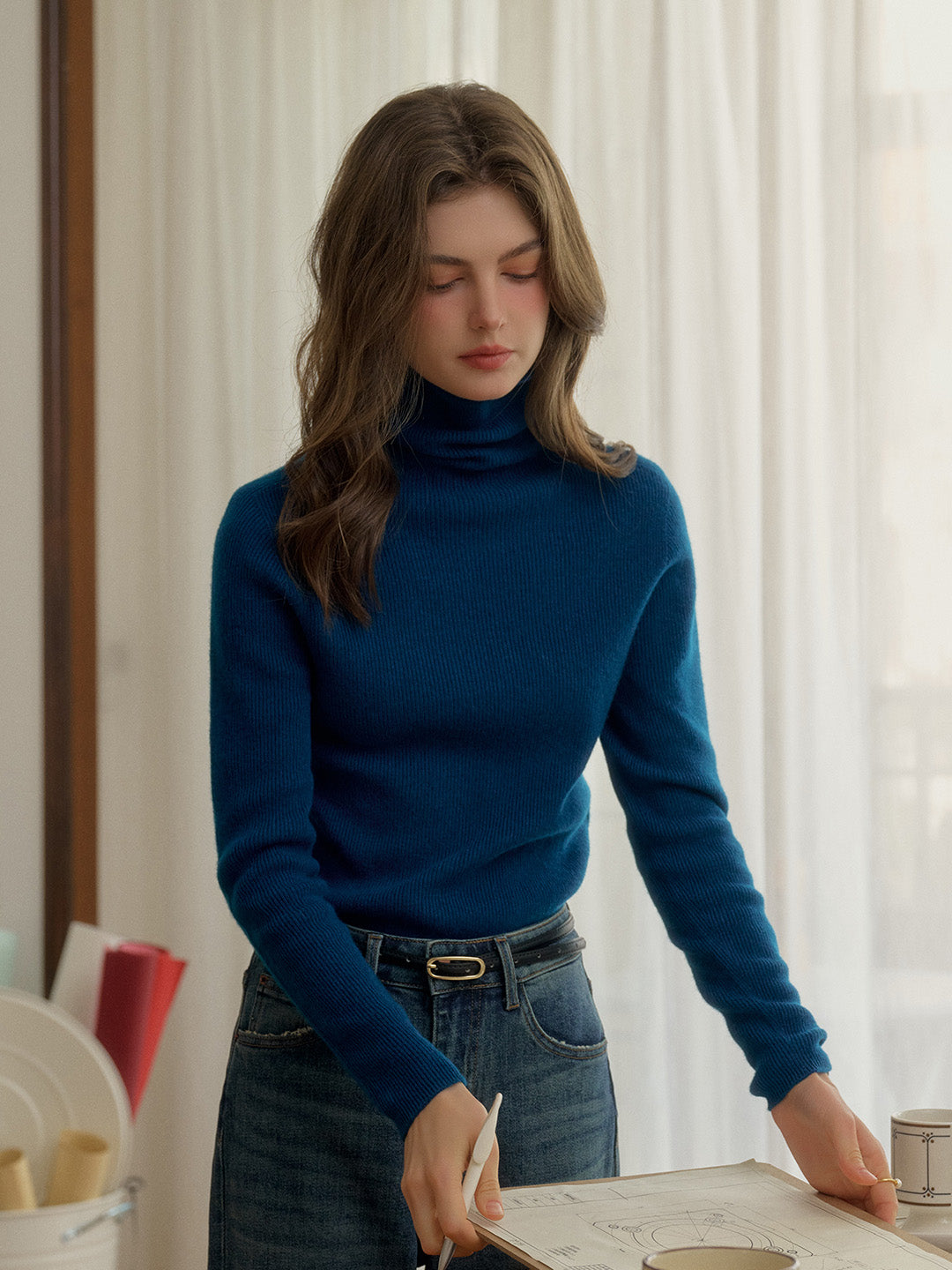 Yasmin Simple Turtleneck Slim Fit Wool& Cashmere Sweater - White