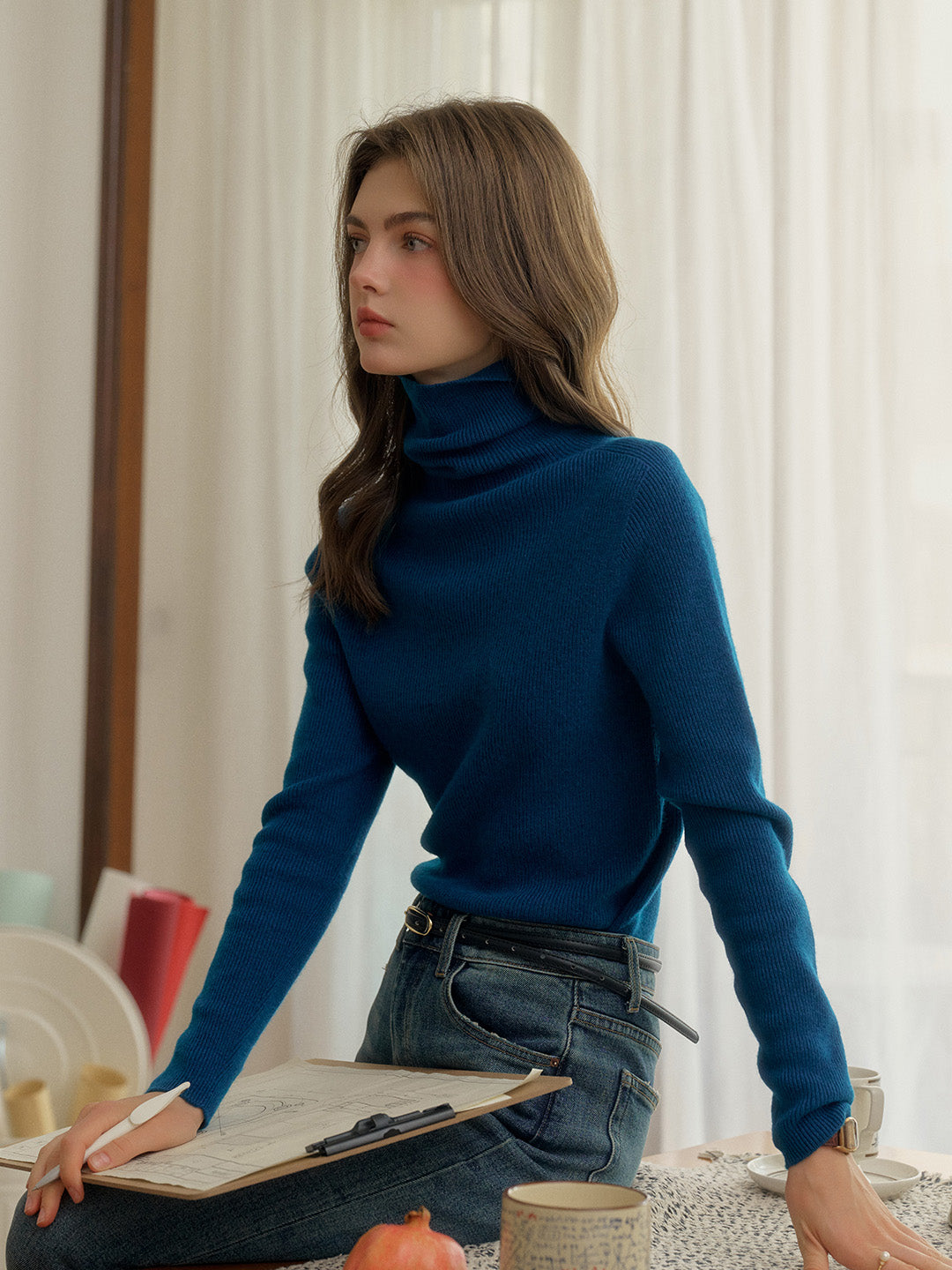 Yasmin Simple Turtleneck Slim Fit Wool& Cashmere Sweater - White