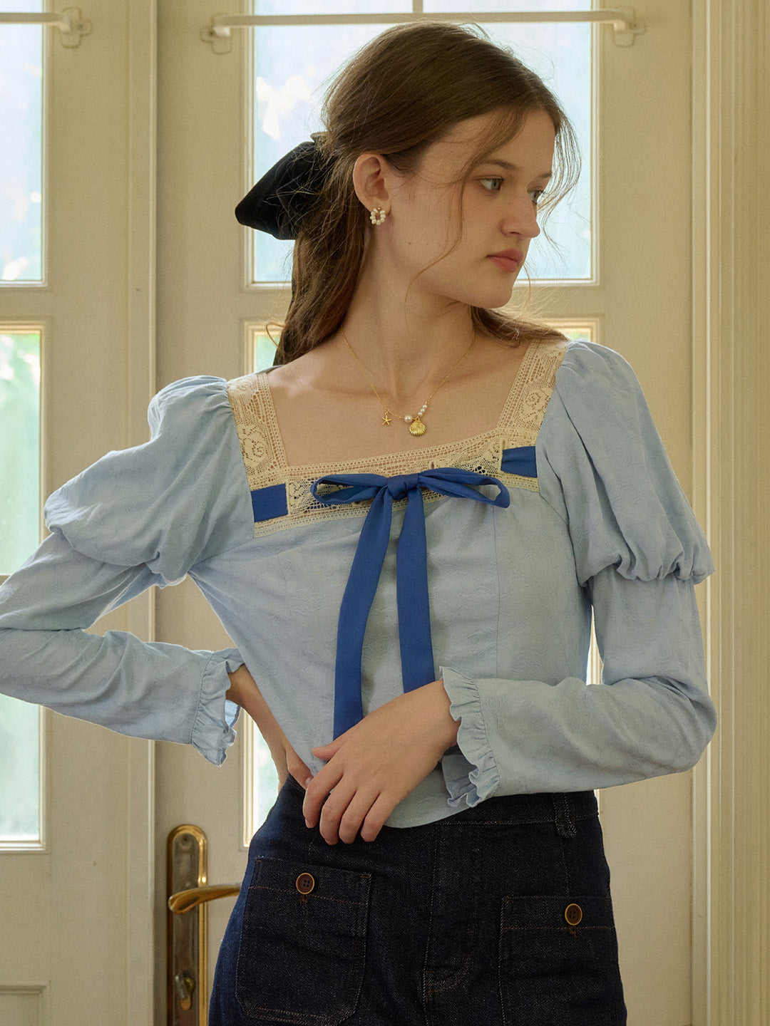 【Final Sale】Aaliyah Square Collar Bow Light Blue Blouse
