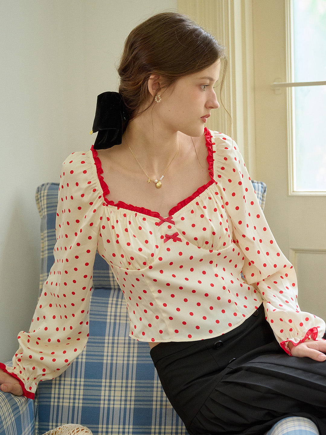 【Final Sale】Ashlynn Square Collar Contrasting Polka Dots Bow Blouse