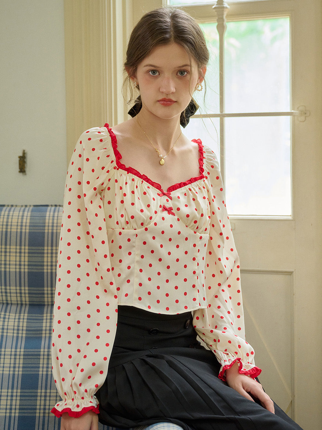 【Final Sale】Ashlynn Square Collar Contrasting Polka Dots Bow Blouse