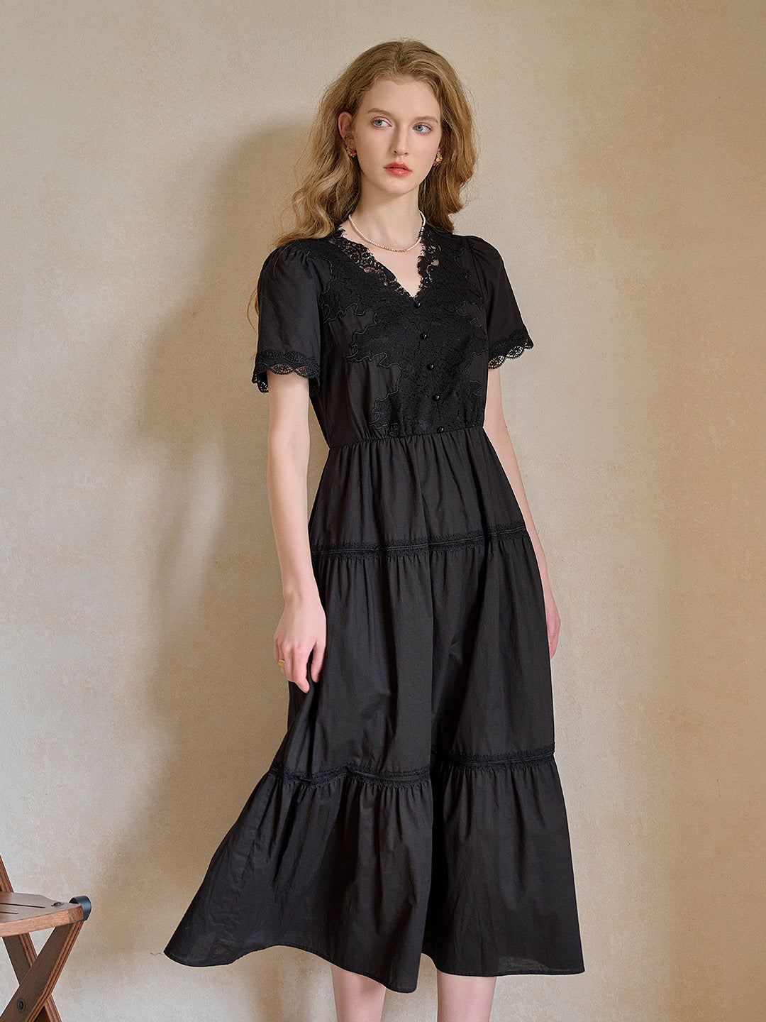 【Final Sale】Clove V-Neck Lace Waist Cotton Dress