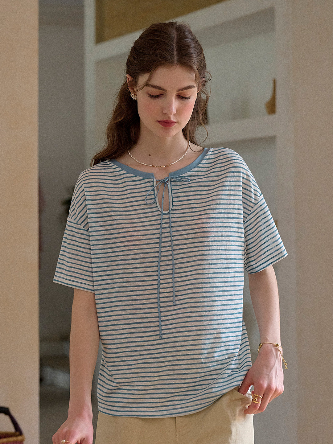 Alice Round Neck Reversible Stripe Viscose Blouse