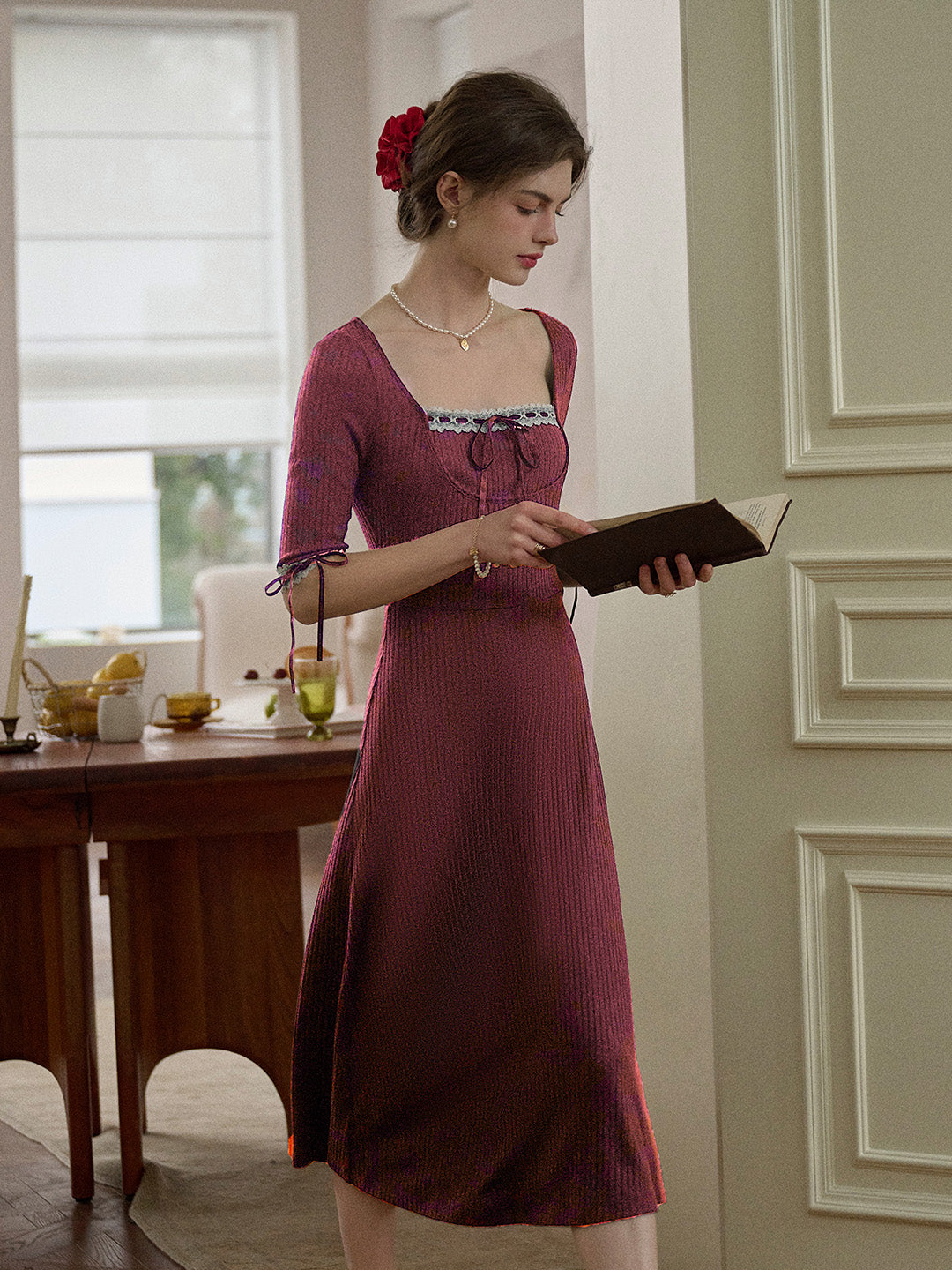 【Final Sale】Eleanora Elegant Square Collar Lace-up Knit Dress