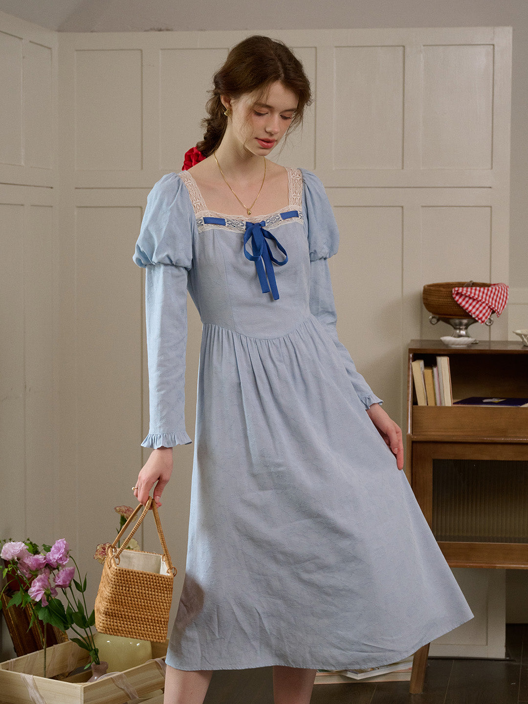 【Final Sale】Genesis Square Collar Bow Light Blue Dress