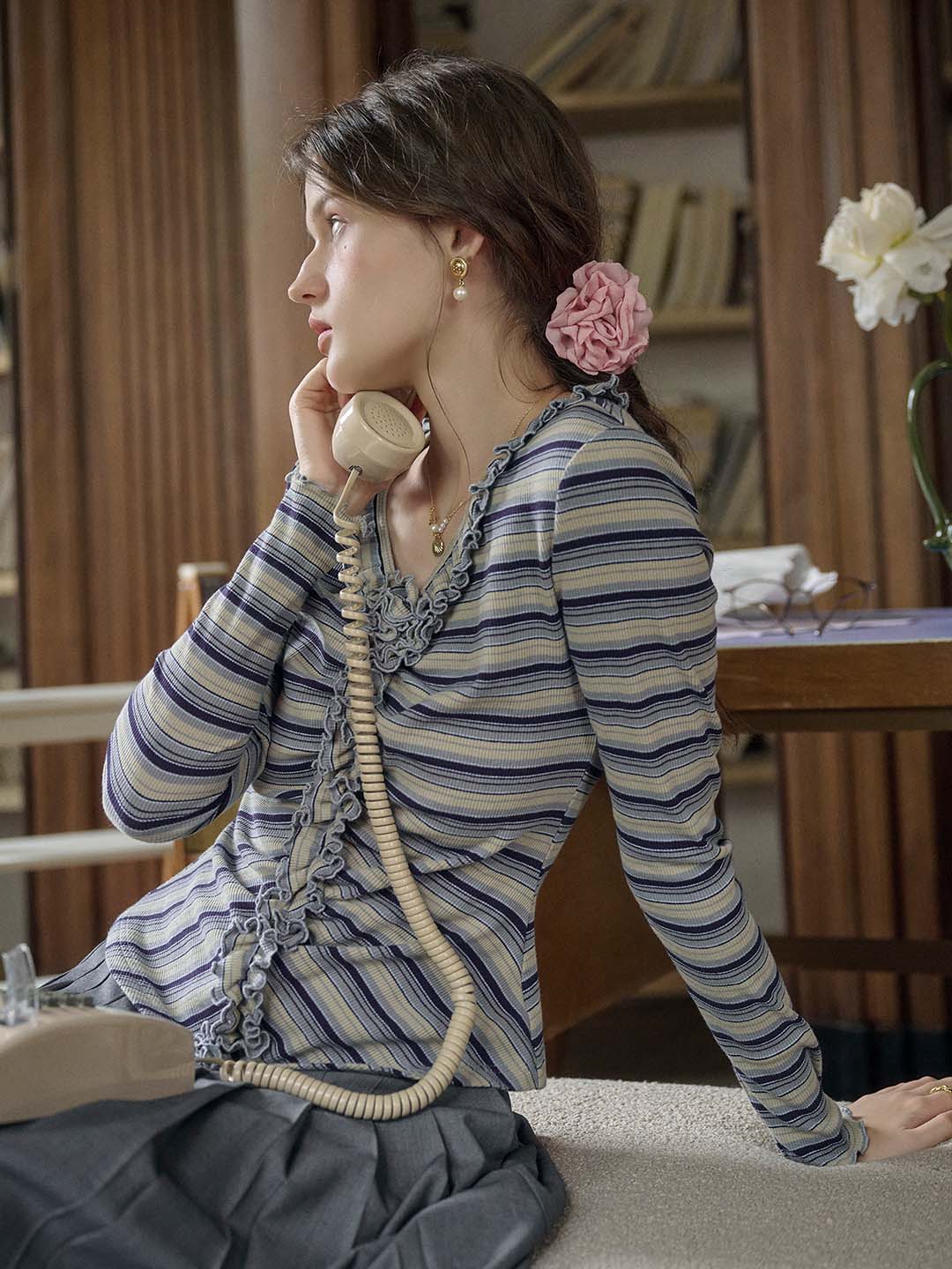 【Final Sale】Imara V-Neck Ruffles Stripes Top