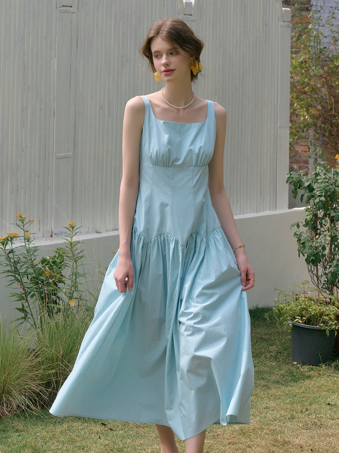 【Final Sale】Jemma Square Neck Patchwork Dress - Blue