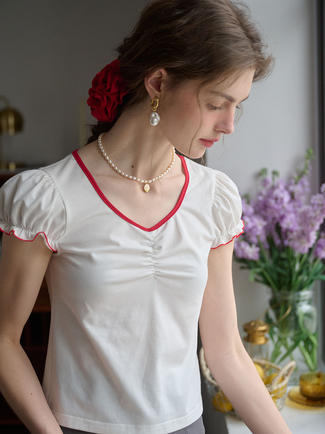 【Final Sale】Julieta Contrast Color Round Neck Puff Sleeve T-shirt