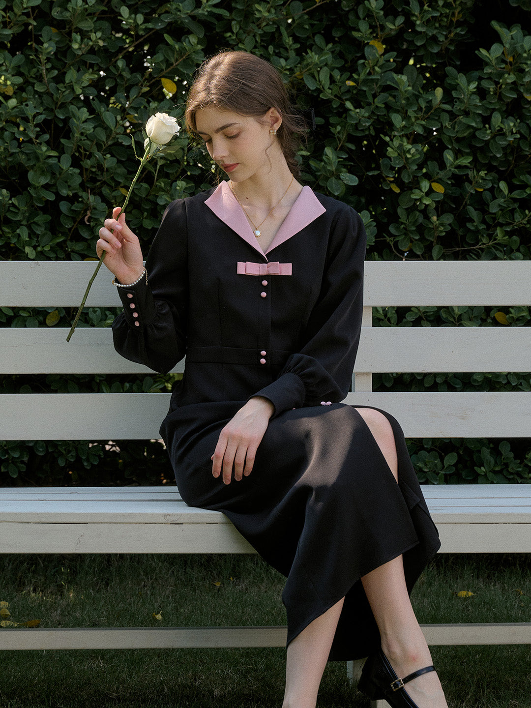 【Final Sale】Karter Notched Lapel Contrasting Button Bow Dress