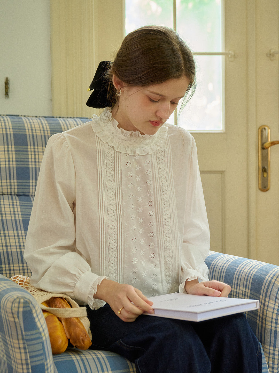 【Final Sale】Kiana Mock Neck Embroidered Cotton Eedwardian Style Blouse