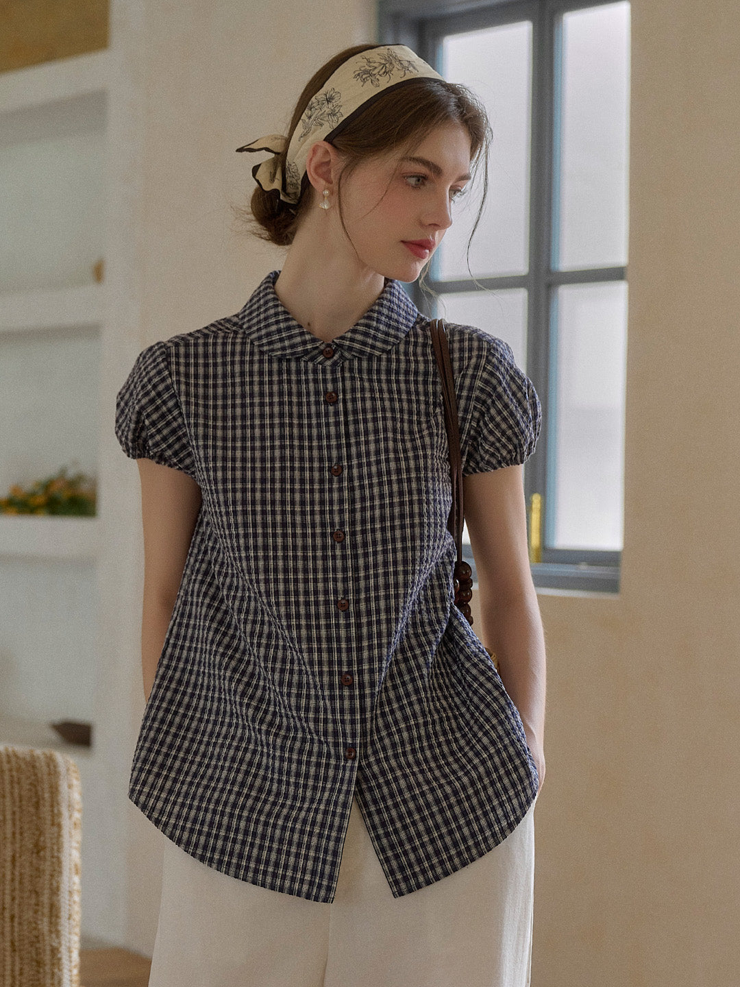 Chloe Peter Pan Collar Plaid Cotton Blouse