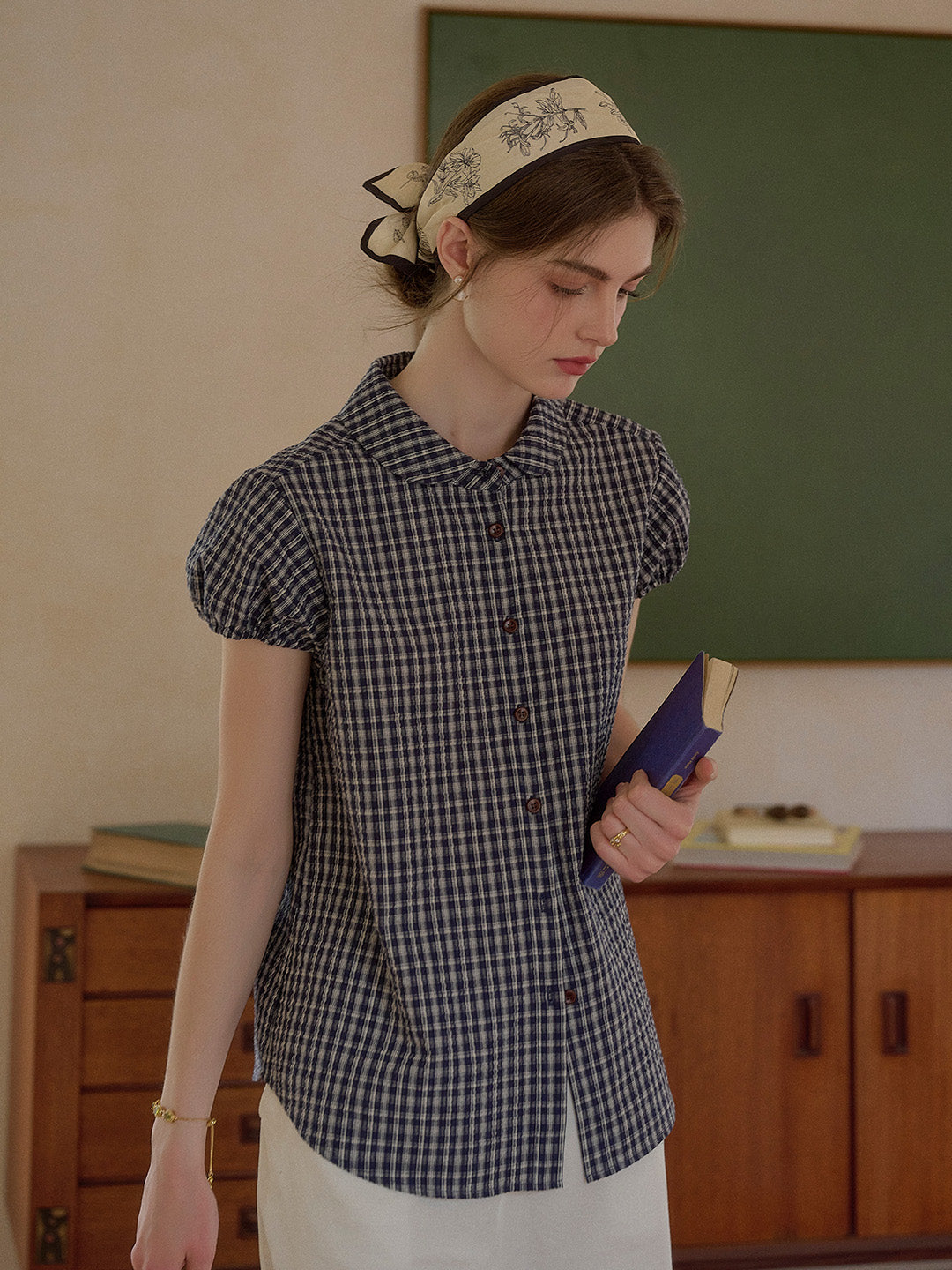 Chloe Peter Pan Collar Plaid Cotton Blouse